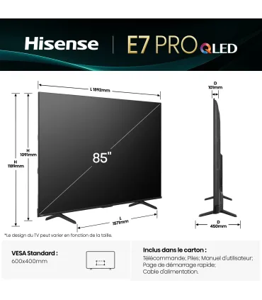 Hisense 85E7Q 85" QLED 4K UHD – TV Smart, Dolby Vision & Atmos, HDR10+, Gaming 120Hz | Prix et Avis