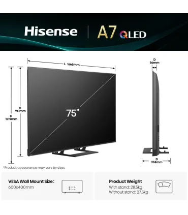 Hisense 75A7Q 75" QLED 4K UHD – Smart TV, Dolby Vision & Atmos, HDMI 2.1 – Meilleur prix, livraison rapide