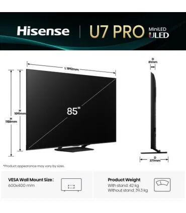 Hisense 85U7Q PRO 85" 4K UHD MiniLED – TV QLED Mini‑LED 120Hz, HDR10+, Dolby Vision, Google TV | Meilleur Prix & Livraison Rapid