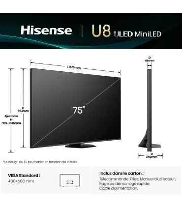 Hisense 75U8Q 75" 4K UHD MiniLED – TV QLED Mini‑LED, Dolby Vision & 120Hz | Prix, Avis & Achat en Ligne
