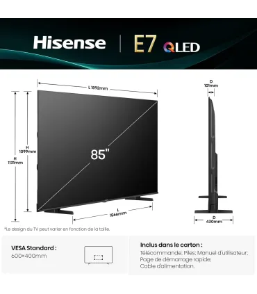 Hisense 85E7Q 85" 4K UHD QLED – TV QLED 4K, Dolby Vision & Atmos, 120Hz, Smart TV – Meilleur prix et livraison rapide