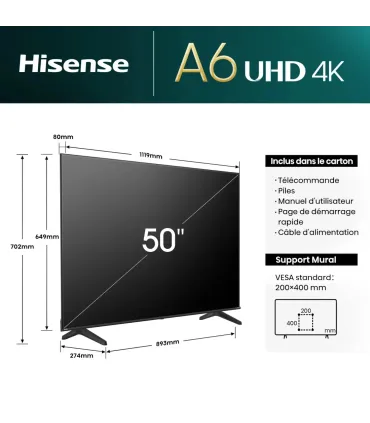Hisense 50A6N : TV 4K UHD 50 pouces – Smart TV HDR | Achetez au Meilleur Prix